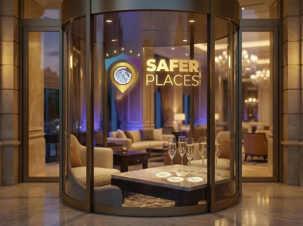 Safer Places Logo in einer beleuchteten Hotel-Lounge